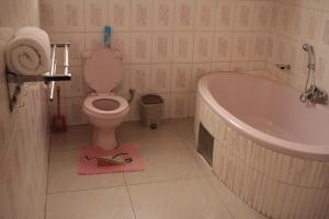 a bathroom with a toilet and a bath tub at Triple Palms Bed and Breakfast in Gaborone +39 photos