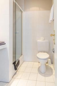 a bathroom with a toilet and a glass shower at Hotel Garni Zum Dorfbrunnen in Bornheim