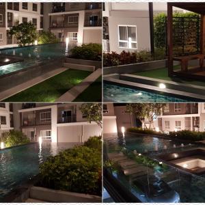 4 Bilder eines Gebäudes mit Pool in der Nacht in der Unterkunft Room for rent_66819474542 in Phra Nakhon Si Ayutthaya