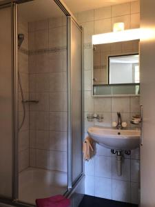 a bathroom with a shower and a sink at Hotel Krone Budget in Lenk