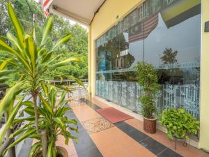 d'un balcon orné de plantes et d'une fenêtre arborant un drapeau américain. dans l'établissement OYO 89328 Sz Hotel, à Lumut