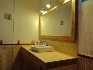 baño con lavabo y espejo grande en Casa Mi Tio Perico en Mala