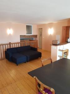 Saint-Lothain的住宿－Gîte Micha，客厅配有蓝色的沙发和桌子