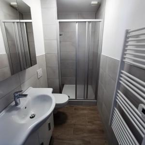 a bathroom with a shower and a sink and a toilet at Apartment außen Pfui innen Hui in Mönchengladbach