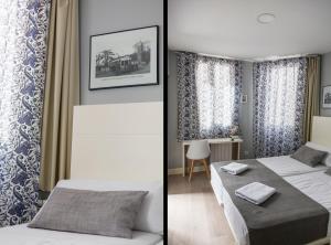 two pictures of a bedroom with two beds at 8Rooms Madrid in Madrid