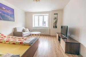 a living room with a bed and a tv at Cozy Apartment In The City Center in Šiauliai