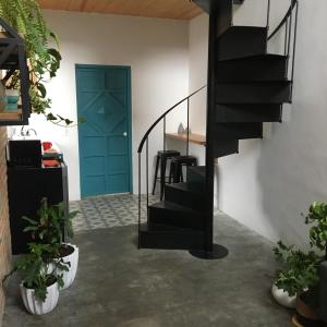 un couloir avec une porte bleue et des escaliers avec des plantes dans l'établissement Casa Nican by Barrio Mexico, à Guadalajara