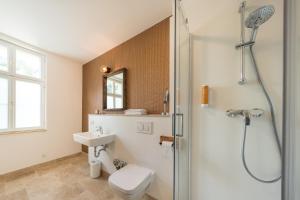 y baño con ducha, aseo y lavamanos. en Design Apartments - "Das Kutscherhaus", en Potsdam