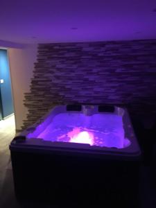 een hot tub met paarse verlichting in een kamer bij L’Edaines in Bagnoles de l'Orne