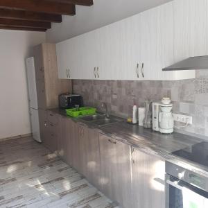 eine Küche mit einer Spüle und einer Arbeitsplatte in der Unterkunft Casa Bunicilor in Gîrbova