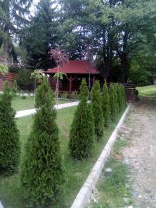 a row of christmas trees in front of a gazebo at Apartmani Kršić in Zlatibor