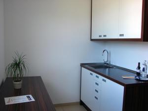 a kitchen with a sink and a wooden table at Strandhotel Dranske in Dranske