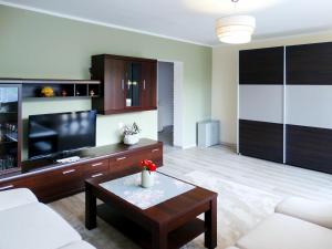 ein Wohnzimmer mit einem TV und einem Couchtisch in der Unterkunft Apartament Zacisze in Jelenia Góra