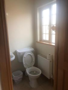 a bathroom with a white toilet and a window at Ocean view B&B in Ringville