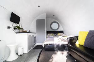 サンダースフットにあるButtles Glamping Podのベッドルーム(ベッド1台、ソファ、テレビ付)