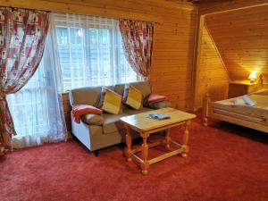 a living room with a couch and a bed and a table at Apartmány Kubínska hoľa in Dolný Kubín