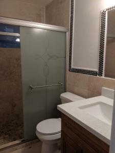 a bathroom with a shower with a toilet and a sink at The Jazzy Escape in Miami +13 photos