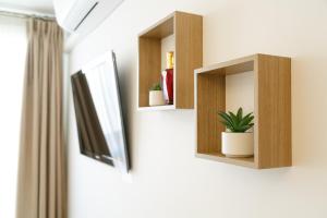 a room with wooden shelves and a potted plant at Beausoleil Studio Metro Paris Sud in Le Kremlin-Bic&ecirc;tre