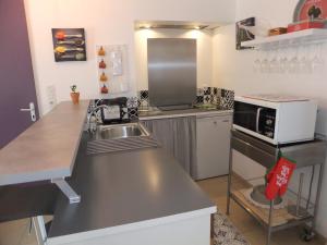 a kitchen with a sink and a microwave at Gîte Les Esparrus in Villecroze