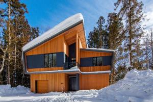 a house in the woods in the snow at AMO 54 by Hakuba Hotel Group in Hakuba