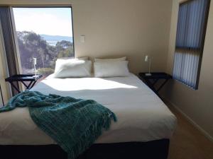 una camera da letto con un letto grande con una grande finestra di Bicheno Views on Douglas a Bicheno