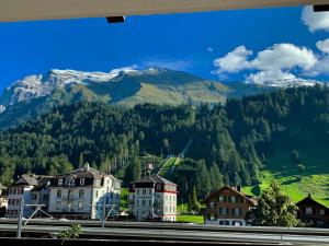 a view of a town with a mountain in the background at Hotel Crystal in Engelberg