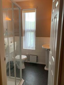 a bathroom with a toilet and a sink and a window at Central Hotel in Sutton in Ashfield