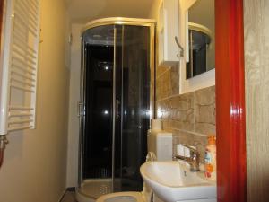 y baño con ducha y lavamanos. en Penzion Shamrock, en Třebíč