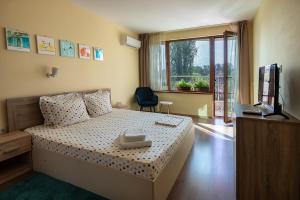 a bedroom with a bed and a tv and a window at RIVERSIDE APARTMENTS PLOVDIV with free parking in Plovdiv