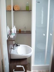 y baño con lavabo blanco y ducha. en Victoria Mobilehome in Centro Vacanze San Francesco, en Duna Verde