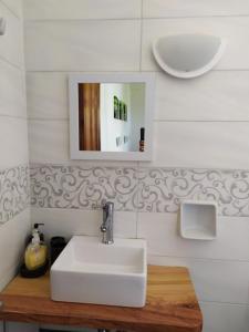 a bathroom with a white sink and a mirror at Apartment Victoria in Agios Georgios
