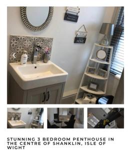 a bathroom with a sink and a mirror and a shelf at PENTHOUSE in Shanklin