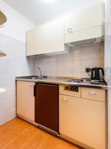 a kitchen with a stove top oven and a sink at Apartments Lores in Selva di Val Gardena