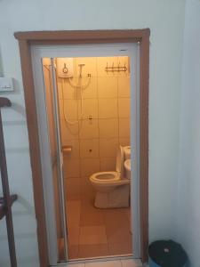 a bathroom with a toilet and a shower at Riverbank Dungun Guesthouse & Cafe in Dungun