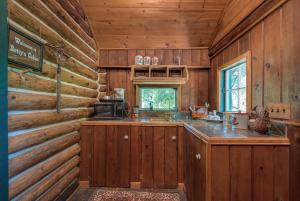 eine Küche mit Holzwänden und einer Theke in einer Hütte in der Unterkunft The Davies Family Inn in Placerville