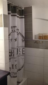 a bathroom with a shower curtain with arrows on it at Pension Wielsch in Görlitz