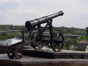 a statue of a cannon on top of a building at Апартаменты в центре in Chernihiv +6 photos