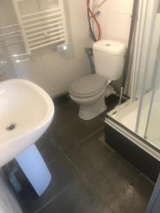 La salle de bains est pourvue de toilettes blanches et d'un lavabo. dans l'établissement Clos de la fontaine A, à Villiers-Saint-Frédéric