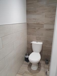 a white toilet in a bathroom with wooden tiles at 2 impasse de l'eglise in Artalens-Souin +3 photos