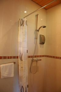 een douche in een badkamer met een douchegordijn bij Bed & Breakfast Pax Tibi in Reeuwijk