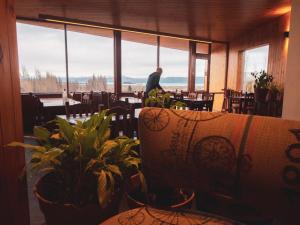 a man standing in a restaurant with tables and plants at America Del Sur Calafate Hostel in El Calafate