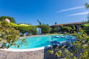 einen Pool mit Stühlen und Sonnenschirmen im Hof in der Unterkunft Villa Edera in Monticiano
