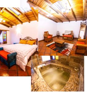 a room with a bed and a bath tub at La Casa del colibri ecuador in Quito