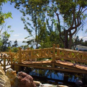 un puente de madera sobre un estanque en un parque en La Casa del colibri ecuador, en Quito