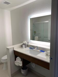 a bathroom with a toilet, sink, and mirror at Holiday Inn Express & Suites - Aurora Medical Campus, an IHG Hotel in Aurora