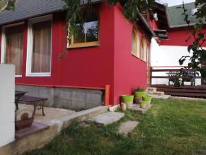 ein rotes Haus mit einem Picknicktisch im Hof in der Unterkunft Na Červené louce relax 1 in Cheb