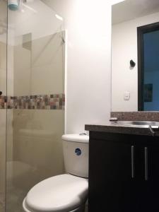 a bathroom with a toilet and a sink and a mirror at Apartamentos Paipa in Paipa