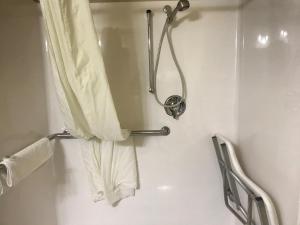 baño con toallero eléctrico y cortina de ducha en Cobblestone Inn & Suites - Vinton, IA, en Vinton 24 fotos más