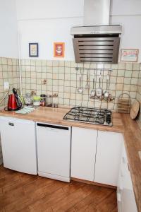 ワルシャワにあるGreen Kabaty Apartmentのキッチン(白いキャビネット、コンロ付)