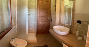 La salle de bains est pourvue d'un lavabo, de toilettes et d'une douche. dans l'établissement La casetta, à Orte